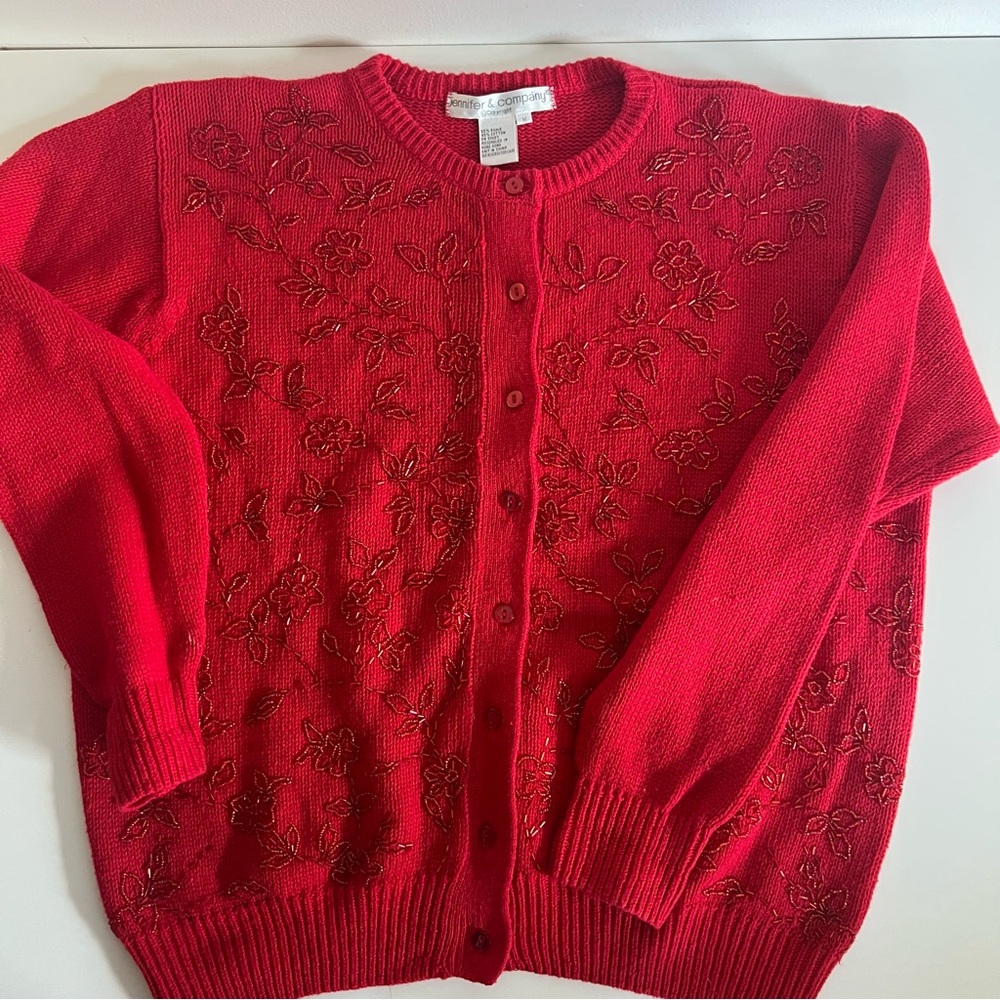 Jennifer & Company Vintage Pretty Ugly Christmas Sweater Beaded Red Cardigan